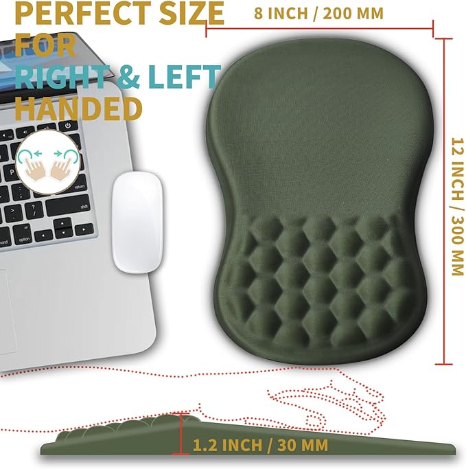 Hokafenle Ergonomic Mouse Pad Wrist Support with Massage Design, Wrist Rest Mousepad with Memory Foam&Non-Slip PU Base, Mouse Pads for Wireless Mouse & Desk (12x8 inch,Olive Green)
