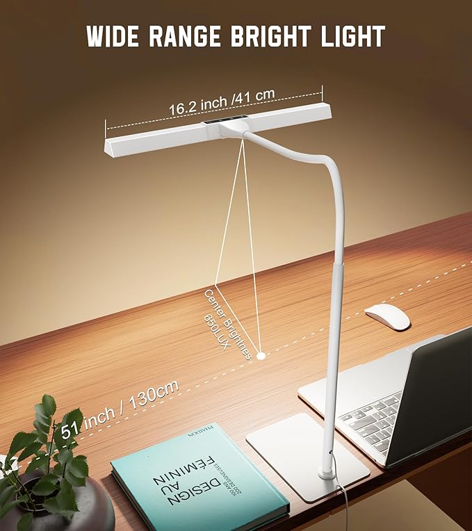 Desk Lamp for Home Office with Base, Eye-Caring Desk Light with Adjustable Gooseneck, 12W USB Adapter Touch Control 5 Dimmable Brightness & Color Tall Lamp for Work, Computer, Study, Task