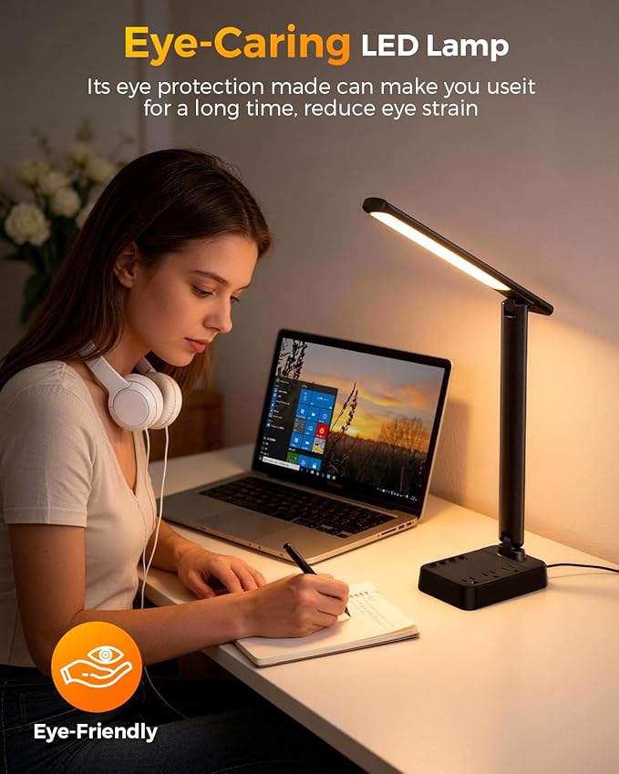 LED Desk Lamp for Office Home, Power Strip with 3 Outlets 4 USB Charging Ports(2 USBC), 4 Modes 5 Level Brightness Desk Light, Small Desk Lamp for College Dorm Room Essentials