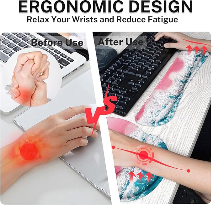 Britimes Blue Sea Pink Sand Beach Ergonomic Mouse Pad Set with Wrist Rest Non-Slip Rubber Base Wrist Cushion Support and Coasters Mousepad with Wrist Support for Computer Keyboard and Desk