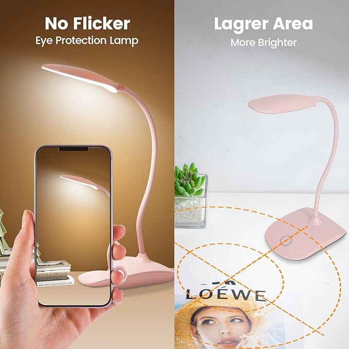 Battery Powered Desk Lamp, Portable Lamps Rechargeable 3 Color Modes Touch Control Stepless Dimming, Wireless Desk Lamp with 2000mAh, Small LED Table Light for Dorm Study Office Bedroom,Pink
