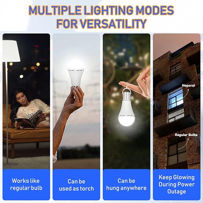 Neporal LITE Emergency Rechargeable Light Bulbs A19, Light Up to 48 hrs, Battery Operated Light Bulb, 5000K E26 LED Bulb, Emergency Lights for Home Power Failure (Soft White-6PK, 12, Watts)