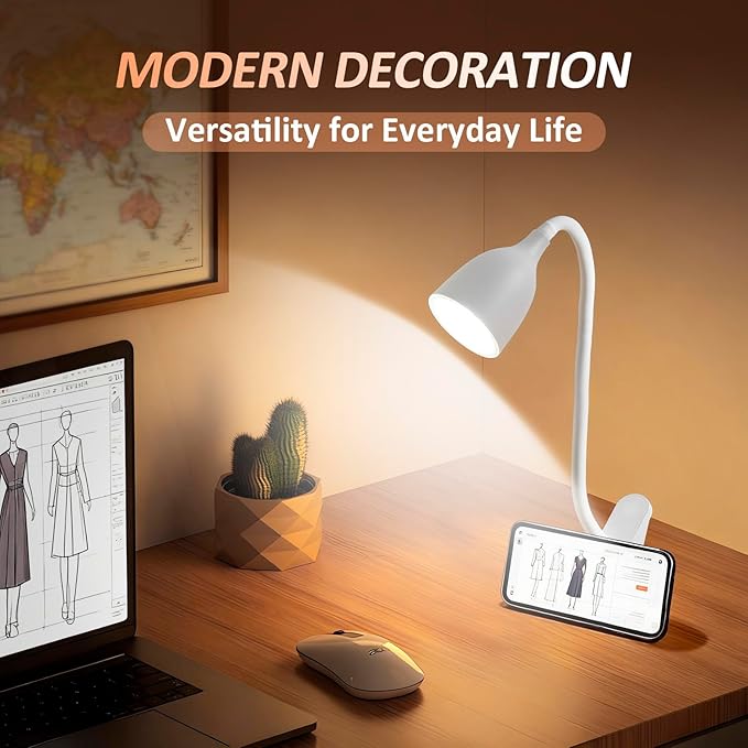 Desk Lamp for Home Office - Clip on Reading Light and Bed Headboard Clamp Lamp, Bedside Gooseneck Table Lamp, Clip on Desk Lamps, Eye-Caring Desk Lamp for College Dorm Room Study Lamp, White