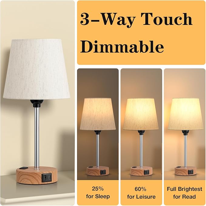 Acaxin Bedside Lamps for bedrooms Set of 2 - Nightstand Bedroom Lamp with USB C Port and AC Outlet Charging, 3 Way Dimmable Touch Control Small Bed Side Table Lamp, Nightstand Light for Kids