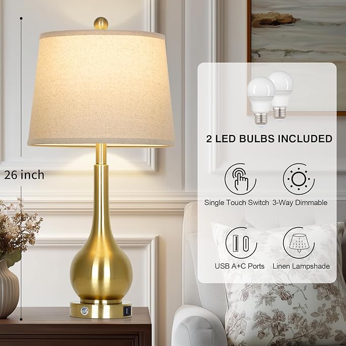 26" Gold Lamps Set of 2 for Living Room, Touch Control Table Lamps for Bedroom, 3-Way Dimmable Bedside Lamps for Nightstand with with USB A+C Ports (2 LED Bulbs Included)
