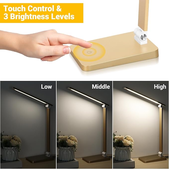 LED Desk Lamp for Home Office, 3 Levels Dimmable Reading Desk Light with USB Charging Port, Desk Accessories Touch Control Table Lamp, Eye-Caring Small Study Lamp for College Dorm Room, Gold, 5000K