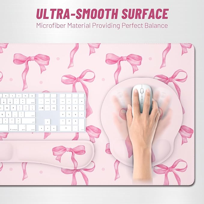 Ovenbird Mouse Pad Set 4-in-1 | Large Gaming Mousepad, Keyboard Wrist Rest, Mouse Wrist Support, Coaster | Ergonomic Office Desk Mat Accessories for Women Men | 4PCS, 35.4 x 15.7in, Pink Bow