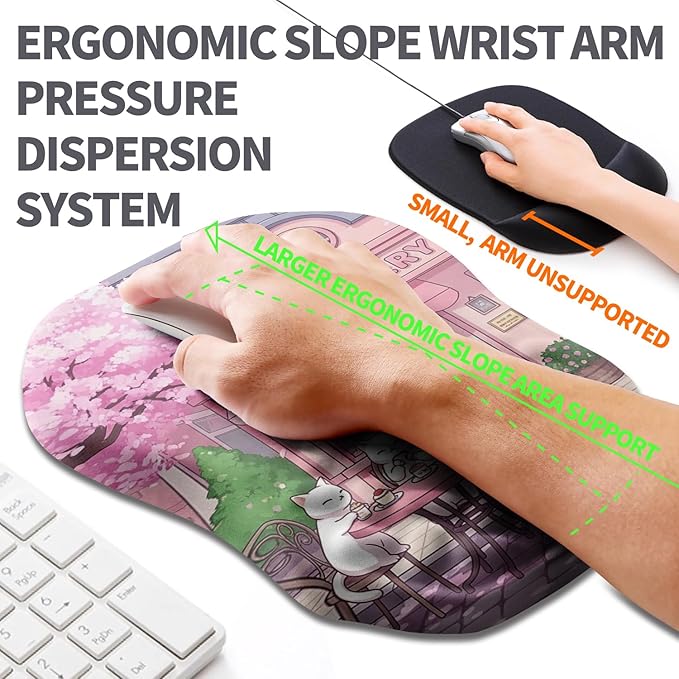 Ergonomic Slope Mouse Pad Wrist Support, Wrist Rest Mousepad for Carpal Tunnel with Massage Bulge and Slow Rebound Memory Foam (12x8 inch, Cat Bakery)
