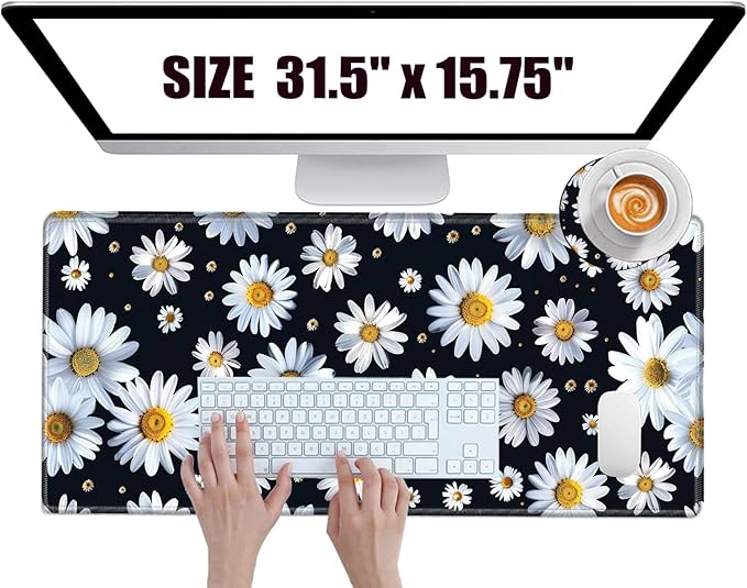 Large Mouse Pad Gaming Desk Pad Daisy Mousepad for Wireless Mouse XXL 31.5''X15.75'' Big Desk Mats Extended Mouse Mat of Girl Desktop Computer with Coaster