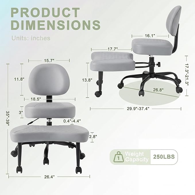 GUNJI Ergonomic Criss Cross Legged Office Chair, 360° Swivel Meditation Kneeling Chair with Wheels, ADHD Chair with Footrest, Lumbar Support, Wider Height Adjustable Seat (Grey, Faux Leather)