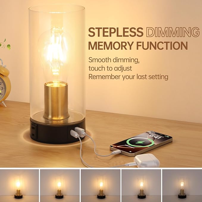 Bedside Table lamp for Bedroom -Touch Lamp with USB-A+C Charging Ports & AC Outlet. Nightstand Lamp with Black Base Glass. Stepless Dimming Small Lamp for Bedroom, Dorm, Office, Kids Room, Living Room