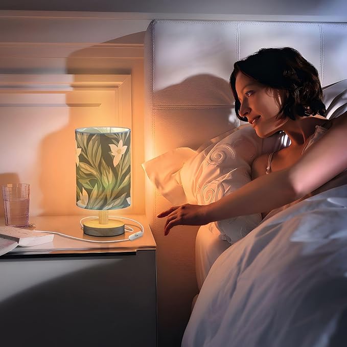 Green Floral LED Table Lamp, Bedside Lamp with Linen Lampshade, Flicker-Free Eye Care USB Plug in Nightstand Lamp, for Bedroom and Office
