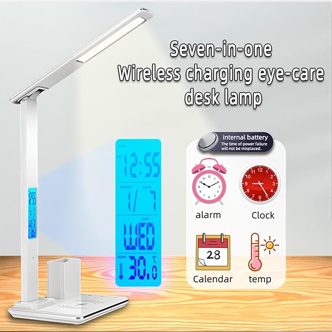 Multi-Function Desk Lamp with Display&15W Wireless Charger,3 Color Temperatures,Touch Control,Foldable Design,Built-in Clock,Calendar,Thermometer,Alarm,HYT1771 White.