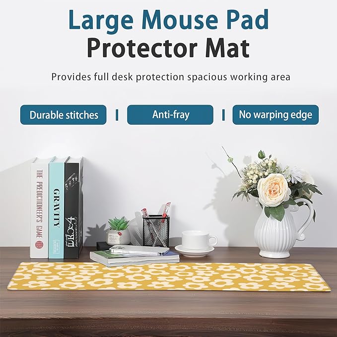 Desk Mat, Vintage Groovy Yellow Flowers Extended Gaming Mouse Pad Large, Big Desk Mat with Non-Slip Base and Stitched Edge, Long Computer Keyboard Mouse Mat for Home Office Work 31.5"x11.8"