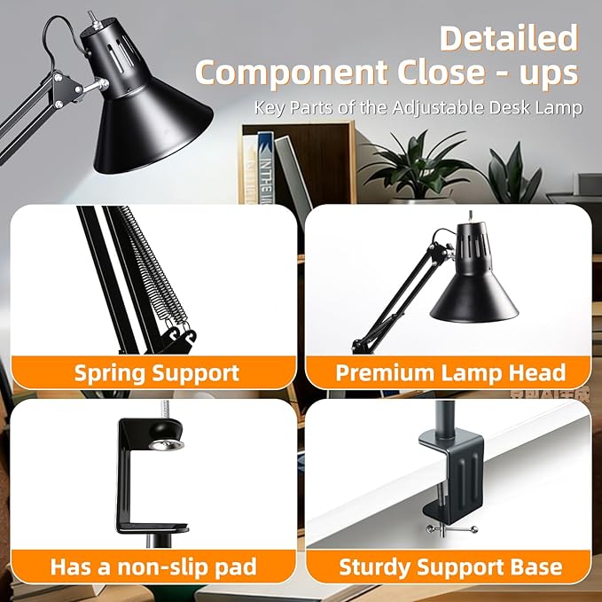 2 Pack LED Desk Lamp With Clamp for Office Home, Eye-Caring Desk Light with 360°Adjustable Extra Tall Metal Swing Arm, High Intensity Clamp w/A19 E26 Bulb for Working Reading, Table Lamps White Light