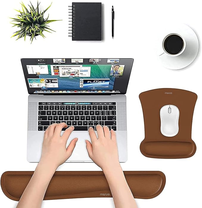 MOSISO Wrist Rest Support for Mouse Pad & Keyboard Set, Ergonomic Mousepad Non-Slip Base Home/Office Easy Typing Cushion with Neoprene Cloth & Raised Memory Foam, Brown