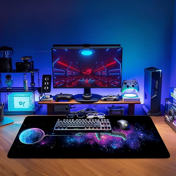 Interstellar Astronaut Extended Gaming Mouse Pad 35.4x15.7Inch Large Desk Mat Anti-Slip Rubber Base & Durable Stitched Edges for Gamers Smooth Mouse Writing Surface for Desk Office/Home
