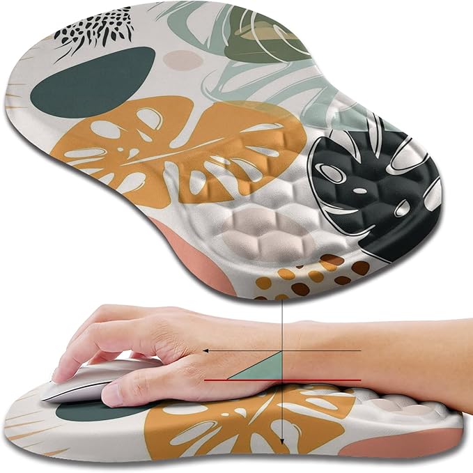 Hokafenle Ergonomic Mouse Pad Wrist Support, Wrist Rest Mousepad for Carpal Tunnel with Integrated Memory Foam Slope Massage Bulge (11.8x7.9 inch,Abstract Leaves)