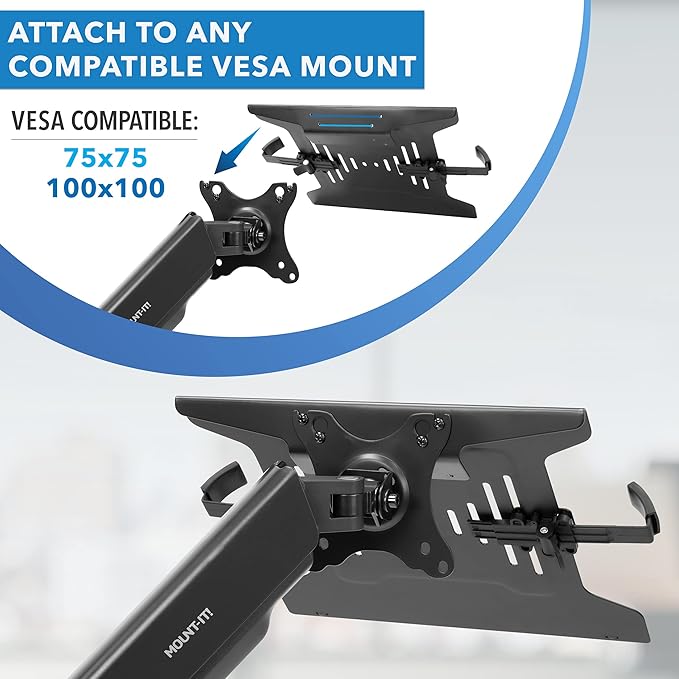 Mount-It! Laptop Tray for Monitor Arm, VESA Laptop Mount Tray for 75x75 & 100x100 Monitor Arms, Ventilated Steel Notebook Holder with Adjustable Clips, Fits Laptops up to 16.5" Wide