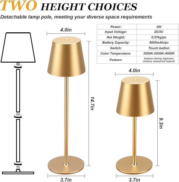Kakanuo Cordless Table Lamp Rechargeable Gold - KK 4 Pack Battery Operated Lamp for Dining Table, 3 Color Stepless Dimming Waterproof LED Wireless Lamp for Counter, Outdoor Patio, Touch Control