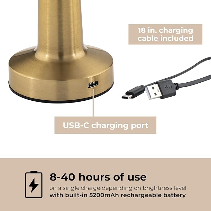 Radiance LED Cordless USB-C Re-Chargeable Desk Lamp, 5200mAh Battery Operated with 3 Color Temperature 2700K-3000K-3500K and Fingertip Touch On/Off Plus Dimming in Satin Brass