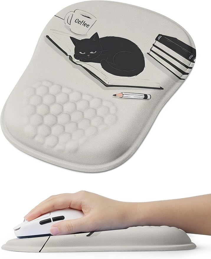 Ergonomic Mouse Pad with Cute Black Cat Design, for Carpal Tunnel Pain Relief, 65% Usable Mouse Area, Memory Foam Concave Wrist Rest for Office, PC, Gaming