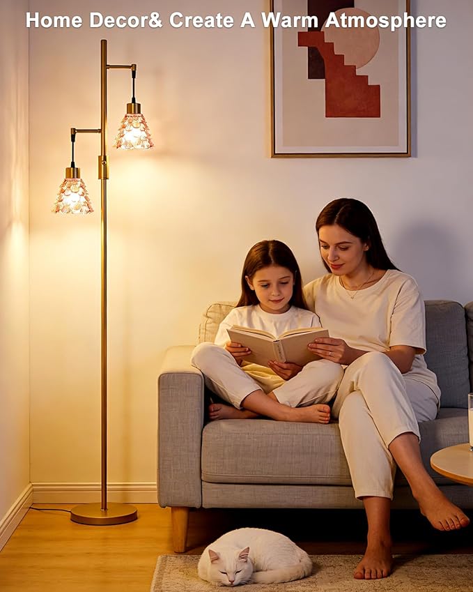 2-Light Glass Floor Lamp, Gold Tall Standing Lamps Dimmable with Rose Red Glass Lampshade, 3000K Warmwhite Mid Century Modern Floor Lamp for Living Room/Bedroom/Sofa Beside/Home Decor