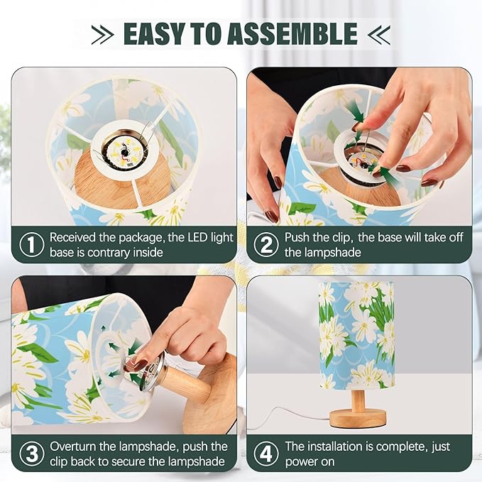 White Floral LED Table Lamp, Bedside Lamp with Linen Lampshade, Flicker-Free Eye Care USB Plug in Nightstand Lamp, for Bedroom and Office
