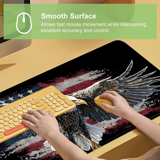 Desk Mat, XXL Extended Gaming Pad for Desktop, 31x12 Inches Patriotic Bald Eagle US Flag Design, Large Non-Slip Vegan Leather Surface with Stitched Edges, Keyboard Mouse Mat for Home Office