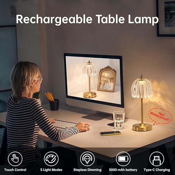 Tulip Table Lamp with 5000mAh Battery & Touch Control, Cordless Table Lamp with 3 Colors, Dimmable Rechargeable Table Lamps for Bedroom, Nightstand, Living Room, Entryways (Transparent Tulip)