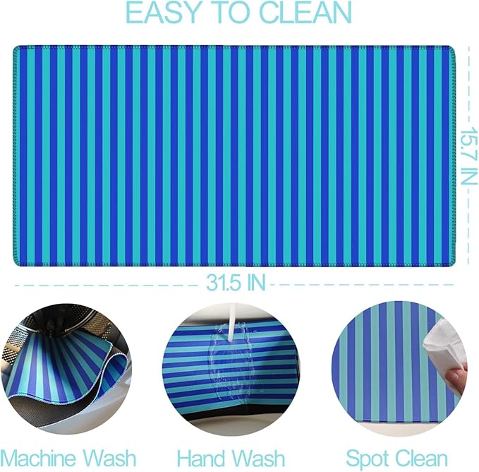 Blue Teal Striped Desk Mat Cute Pastel XXL Large Gaming Mouse Pad Desk Pad Kawaii Aesthetic Home Office Decor Cozy Keyboard Laptop Computer Mat