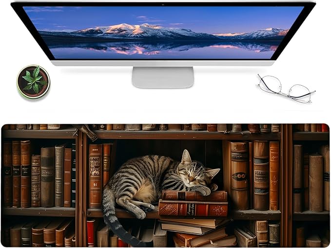 Book Gaming Mouse Pad,12x31.5in Non-Slip Rubber Adorable Cat Napping on Bookshelf Desk Mat,Large Extended Library Mousepad for Office Home Laptop,Mice Pads Gifts,Game Lover Deskmat Decor