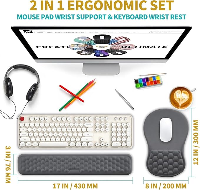 Hokafenle 2 in 1 Ergonomic Mouse Pad Wrist Support & Wrist Rest for Computer Keyboard Set, with Memory Gel Massage Bulge Design (2In1 Set, Dark Gray)