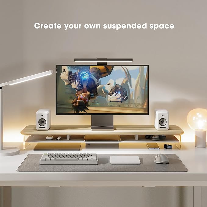 Fenge Acrylic Monitor Stand Riser, 42.5 Inches Dual Monitor Stand with Metal Storage, 2 Tier Acrylic Computer Riser for Desk, Clear Laptop Stand for PC, Laptop, Printer, TV, Oak