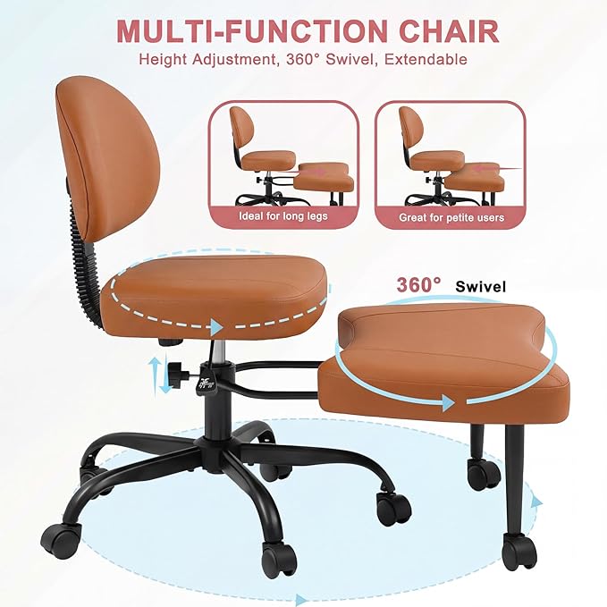 GUNJI Ergonomic Criss Cross Legged Office Chair, 360° Swivel Meditation Kneeling Chair with Wheels, ADHD Chair with Footrest, Lumbar Support, Wider Height Adjustable Seat (Brown, Faux Leather)