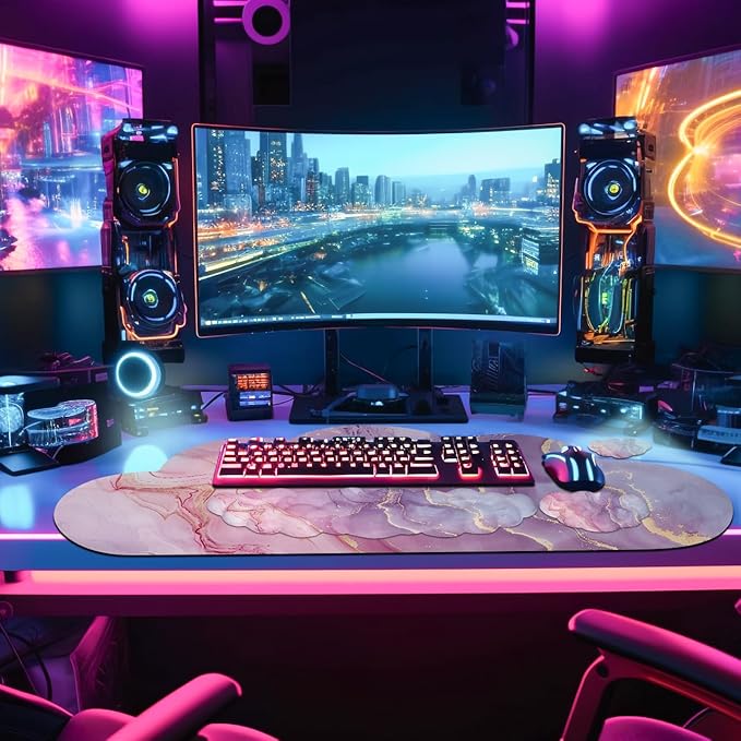JIKIOU Large Cloud Mouse Pad Waterproof with Cloud Keyboard Wrist Pad and Cloud Mouse Wrist Pad Set, Ergonomic Computer Desk Wrist Support Mousepad for Keyboard and Mouse 35.4x15.7in Marble Pink