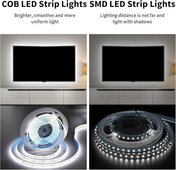 16.4FT/5M COB LED Strip Light, Cold White 6000K Cuttable LED Tape Lights, 8mm Width, CRI93+ Dimmable Flexible Light Strip for Bedroom Kitchen TV Backlight Cabinet Mirror Decor(with Plug)