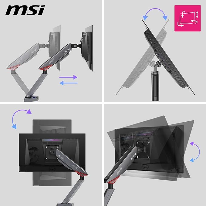MSI MPG MT161R - Premium RGB Single Monitor Stand Arm, Supports 17-45" Screens and 35.2 lbs, VESA Compatible, Adjustable Spring Assisted Mount, Clamp & Grommet, Quick Release Plate - Black