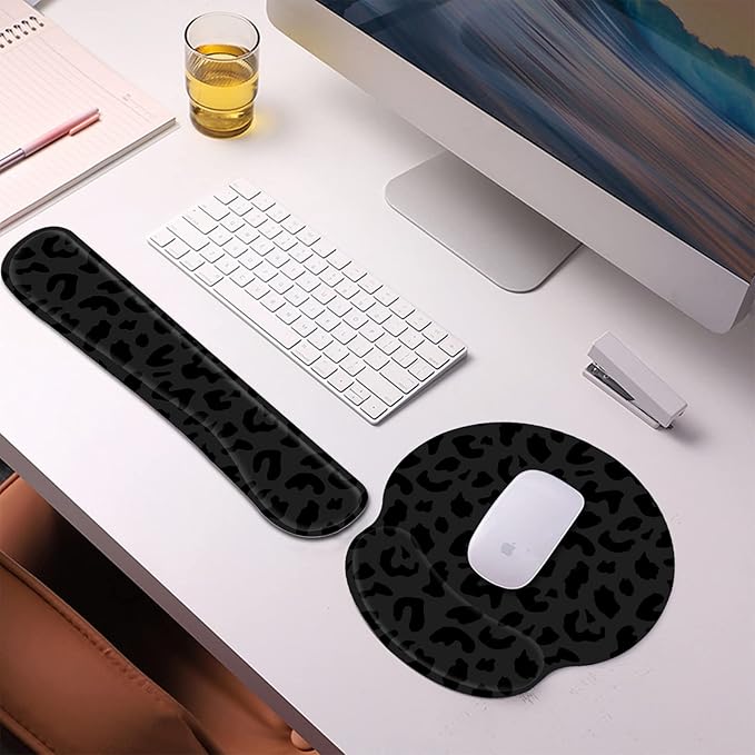 2Pcs Keyboard Wrist Rest Pad and Mouse Wrist Rest Support Mouse Pad Set,Ergonomic Support,Gaming Mouse Pad,Memory Foam,Non-Slip Base,for Office Western-Black Purple Leopard Cheetah Pattern