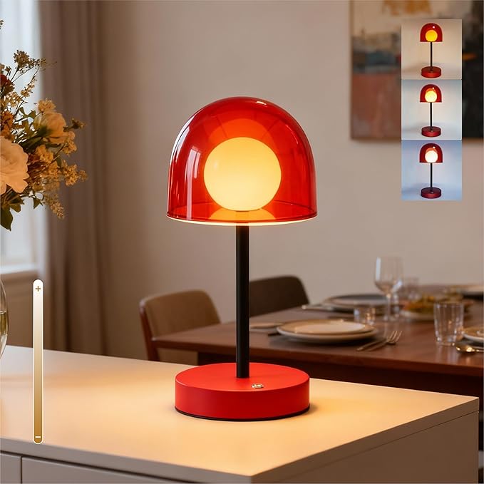 Small Mushroom Lamp Cordless, LED Wireless Mini Lamp Dimmable, Funky Battery Powered Lamp IP44, Orange Accent Lamp for Kitchen Counter Bathroom Dining Room, 7.7" W x 10.6" H (Reddish Orange)