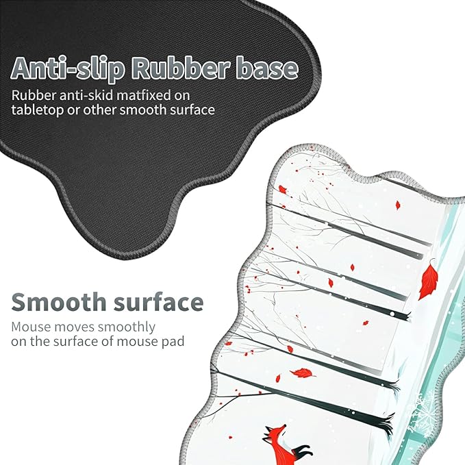 Winter Forest Fox Large Gaming Mouse Pad Plus a Coaster, 31.5 x 11.8 inches Desk Mat Extended XL Mousepad with Stitched Edge Non-Slip Rubber, Desk Pad Computer Mouse Mat for Home Office