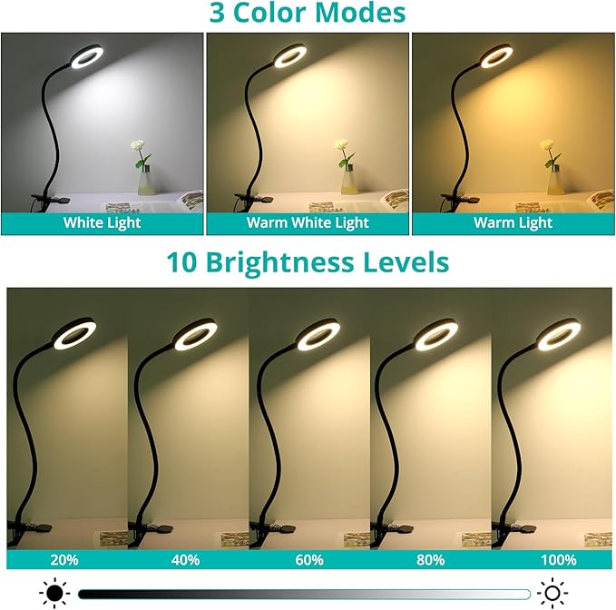 5X Magnifying Glass Desk Clip Lamp, 10 Brightness, 3 Color Modes, 5V/2A Adapter Included – Clamp Light for Reading, Crafting, Close Work (Black)