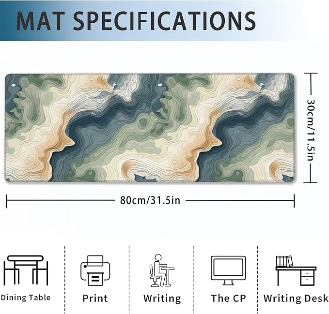 Gaming Mouse Pad,Color Topographic Contour Map Extended Mouse Pad Gaming Large, 31.5"x11.8"Abstract Blue and Green Waves Desk Mat with Non-Slip Base and Stitched Edge,Computer Keyboard for Home Office