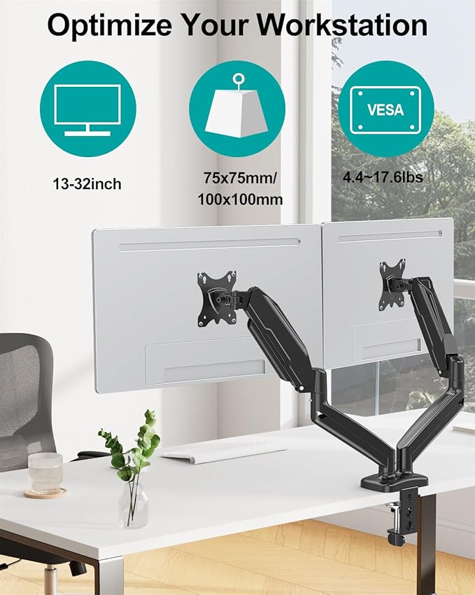 MOUNT PRO Dual Monitor Mount Fits 13 to 32 Inch Screen, Height Adjustable Monitor Stand for 2 Monitors, Full Motion Display Arm Holds up to 17. 6lbs Each, Computer Desk VESA Mount, Black