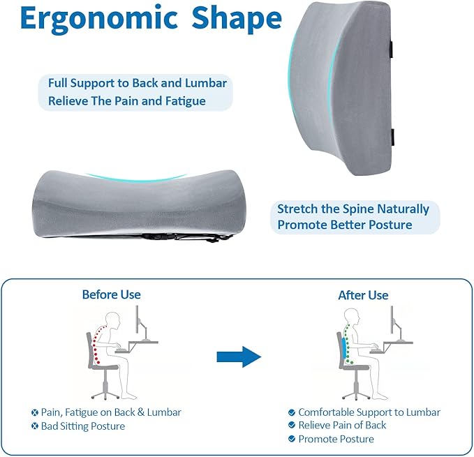 SAIREIDER Lumbar Pillow, Memory Foam Office Chair Back Support Pillows Back Support Improve Posture, Lumbar Support Pillow for Car、Gaming Chair、 Home Chair, Double Adjustable Straps(Grey)
