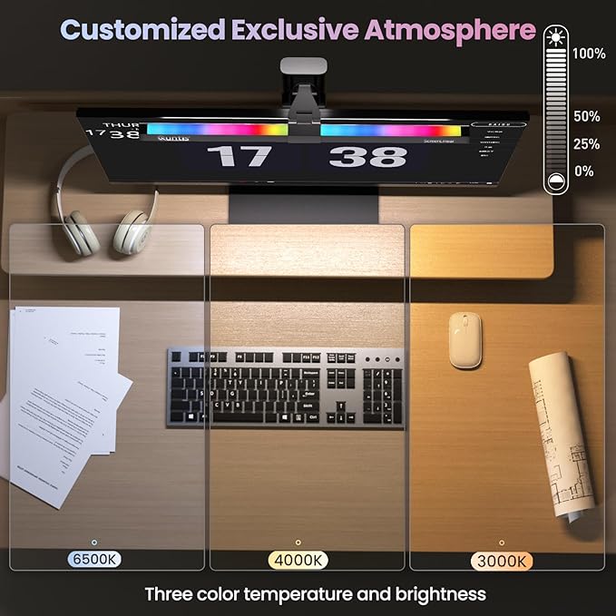 Quntis Monitor Light RGB Backlight, Eye-Care Computer Lights Bar Gaming Office Desk Lamp, 15 Modes Backlight, 3 Color Temperature & Brightness Dimmable Front Light, Ra95 Screen No Glare Monitor Lamp