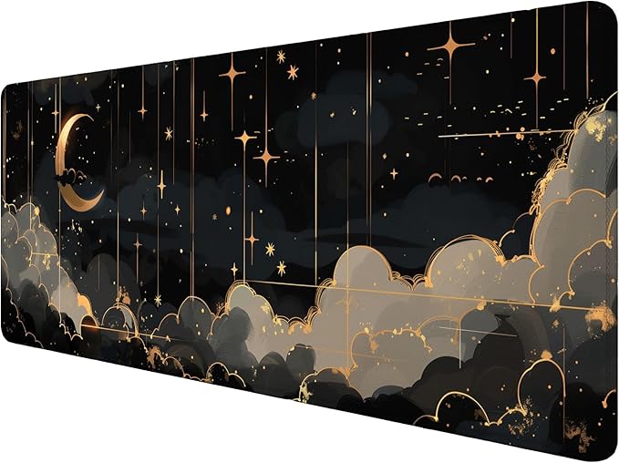Black Gold Celestial Desk Pad Space Moon Cloud Extended Gaming Mouse Pad Mat with Stitched Edge Non-Slip Base Big Mouse Pad Office Computer Keyboard Laptop Home 35.4"x15.7"