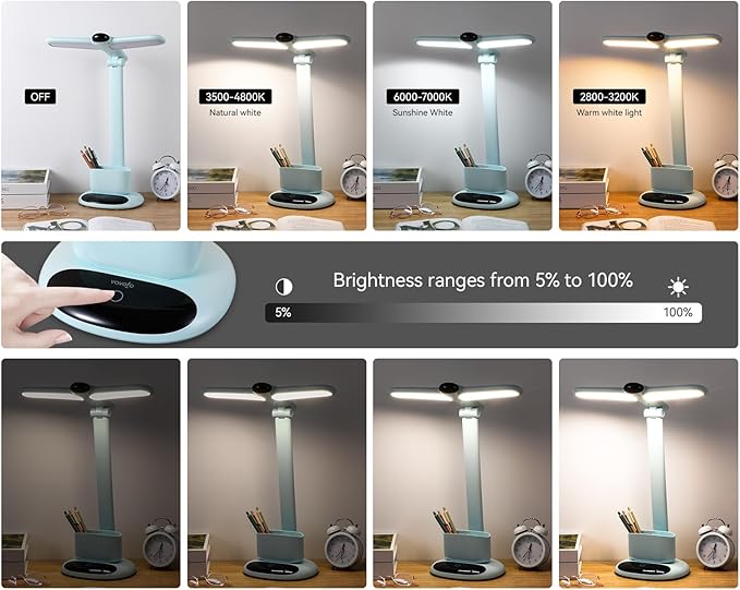 VAVOFO LED Desk Lamp 6785-2700-7000K Adjustable Color Temperature, 700 Lumens, Dual-Head Design, Pen Holder, USB-C Charging, 2400mAh Battery, 2.5hrs Wireless Use (Blue)