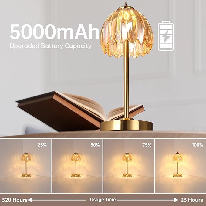 Tulip Table Lamp with 5000mAh Battery & Touch Control, Cordless Table Lamp with 3 Colors, Dimmable Rechargeable Table Lamps for Bedroom, Nightstands, Living Room, Entryways (Amber Tulip)