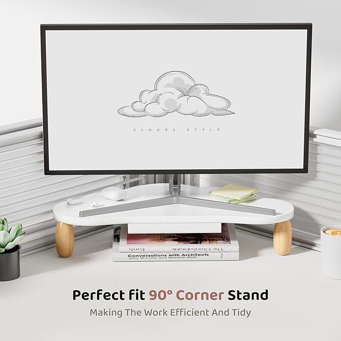 Monitor Stand Riser,Cloud-Shaped Sturdy Wood 16.5In Computer Monitor Riser Wirh Drawer, Multi-Purpose Desktop Organizer Riser for Computer,Laptop,Printer,TV,White